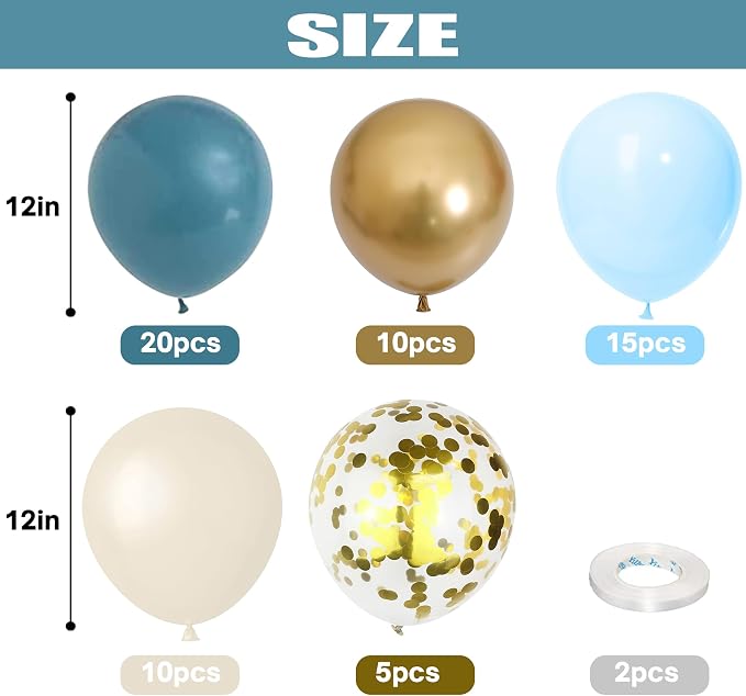 Dusty Blue Balloon Set, 60 Packs 12 Inches Metallic Chrome Gold Macaron Blue - Image 2