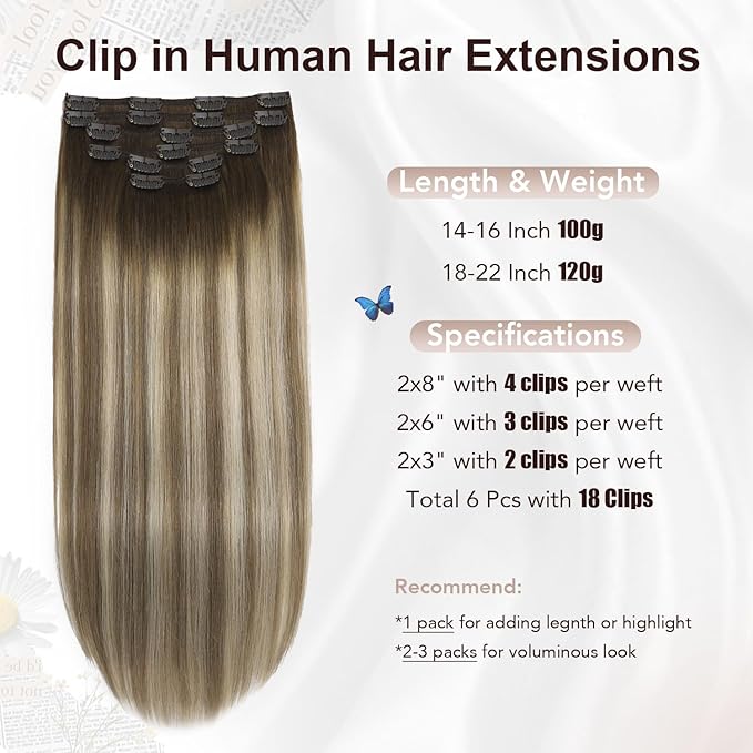 XDhair Clip in Hair Extensions Real Human Hair 120g 18 Inch Balayage Ombre Color 3 Walnut Brown to 8 Ash Brown and 22 Golden Blonde Double Weft Clip in Remy Hair Extensions(18, 3/8/22)