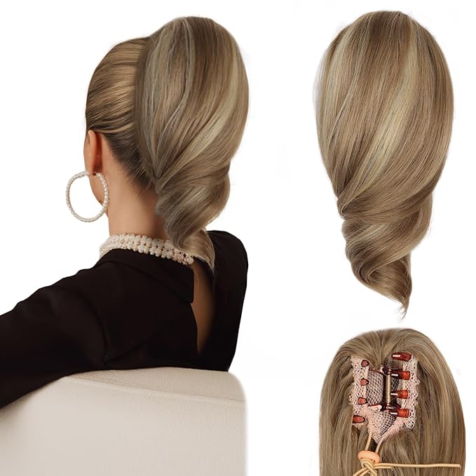 Clip on Ponytails for Women - 12 Inch Short Ponytail Extension, Curly Pony Tails Hair Extensions, Synthetic Hair Extensions Ponytail, Clip in Ponytail (Dark Blonde with Beige Blonde Highlights)