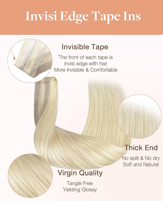 GOO GOO Invisi Edge Tape in Hair Extensions Human Hair, 17/22/60 Balayage Ash Blonde to Golden Blonde and Platinum Blonde, 20pcs 24inch 50g, Virgin Remy Hair, Seamless Injected Tape, Natural Look