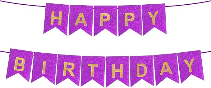 Purple Happy Birthday Banner - 16 ft Pre-Strung Gold Purple Birthday Party by ZgimiPartyHome