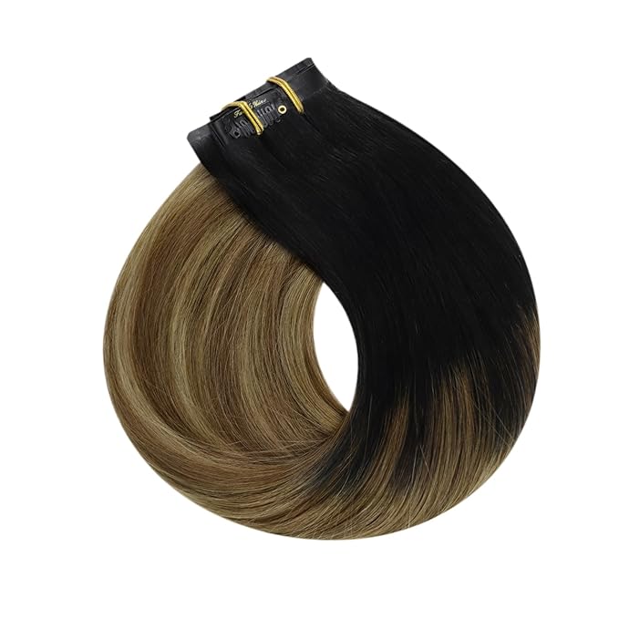 Full Shine Seamless Human Hair Clip in Extensions 14 Inch Balayage Black to Chestnut Brown with Caramel Brown PU Weft Real Hair Extensions 8 PCS 120 G