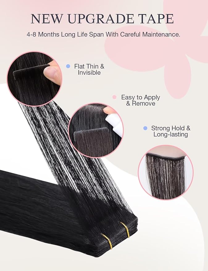 DOORES Invisible Tape in Human Hair Extensions Invisi Edge, Jet Black 20 Injection Tape-ins with 20 Classic Tape-ins 100g 18 Inch, Injected Tape in Extensions Virgin Human Hair