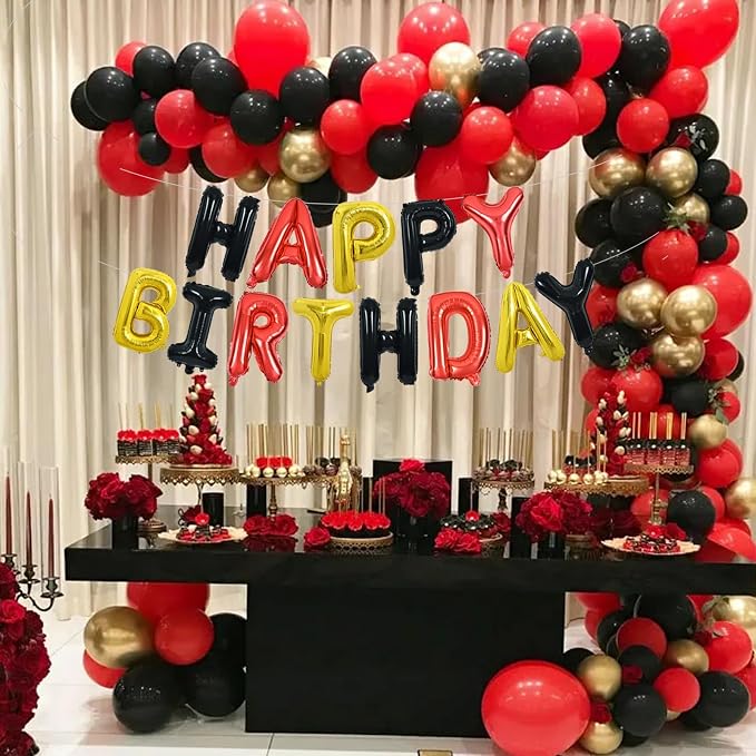 TONIFUL Black Red Gold Happy Birthday Balloon Banner Decor - Image 5