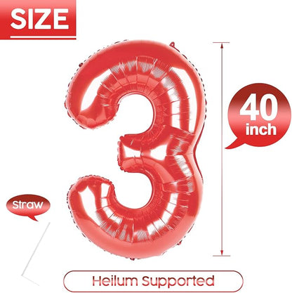 3 Balloon - Red Birthday Number Balloons, 40 Inch Decorations Men Women | Red - Image 5