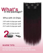 Moresoo Wine Red Hair Extensions Real Human Hair Clip ins Ombre Black to Burgundy Clip in Human Hair Extensions Short Balayage Black to Dark Red Double Weft for Women Straight 80g/5pcs 12 inch
