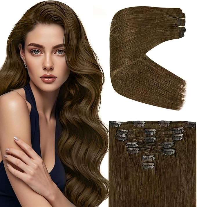 Ve Sunny Remy Hair Extensions Clip in Real Human Hair Cool Ash Brown Mix Clip in Hair Extensions Real Human Hair for Women 7pcs 105g 14 inch