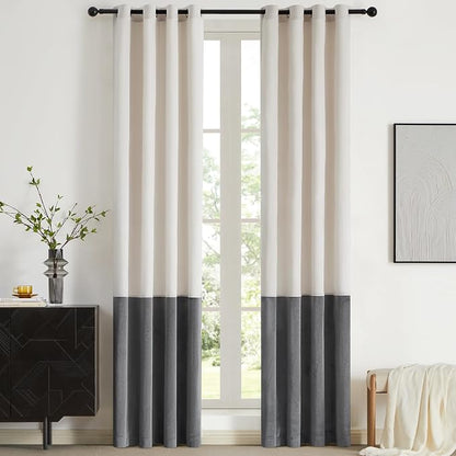 BULBUL Color Block Window Curtains Panels 84 inches Long Cream Ivory Grey by ModernShinyVelvetCurtains