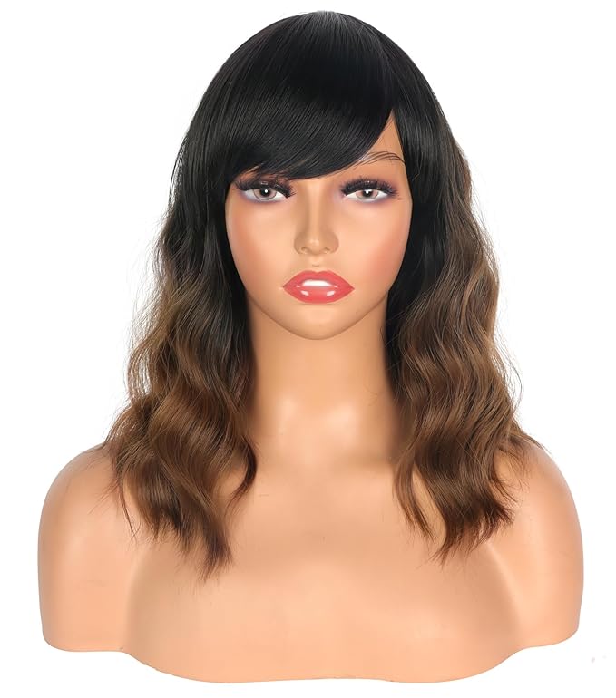 Short Wavy Wig with Bangs for Women Shoulder Length Brown Synthetic Wigs Natural Wavy Black To Brown Wigs Heat Resistant for Daily Party Use