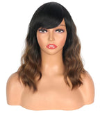 Short Wavy Wig with Bangs for Women Shoulder Length Brown Synthetic Wigs Natural Wavy Black To Brown Wigs Heat Resistant for Daily Party Use