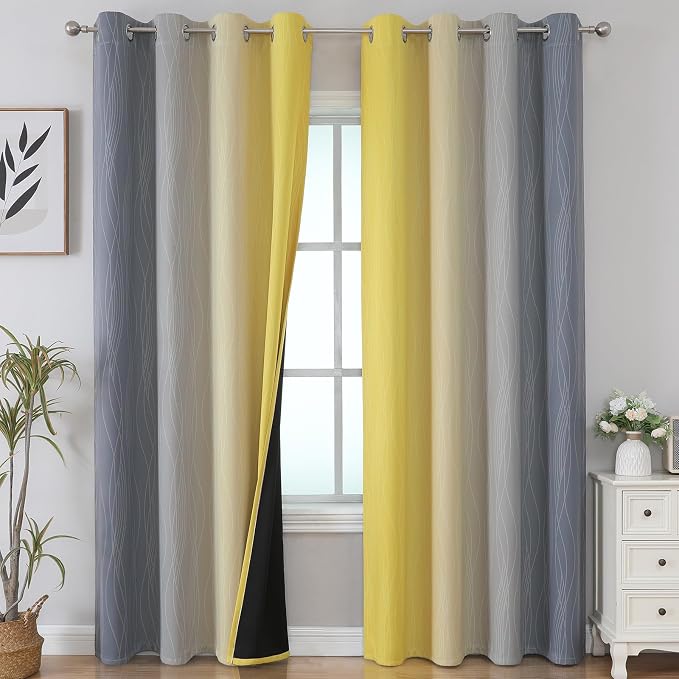 Yellow and Grey Ombre Blackout Curtains 90 Inch Length 2 Panels Set, Thermal - Image 2