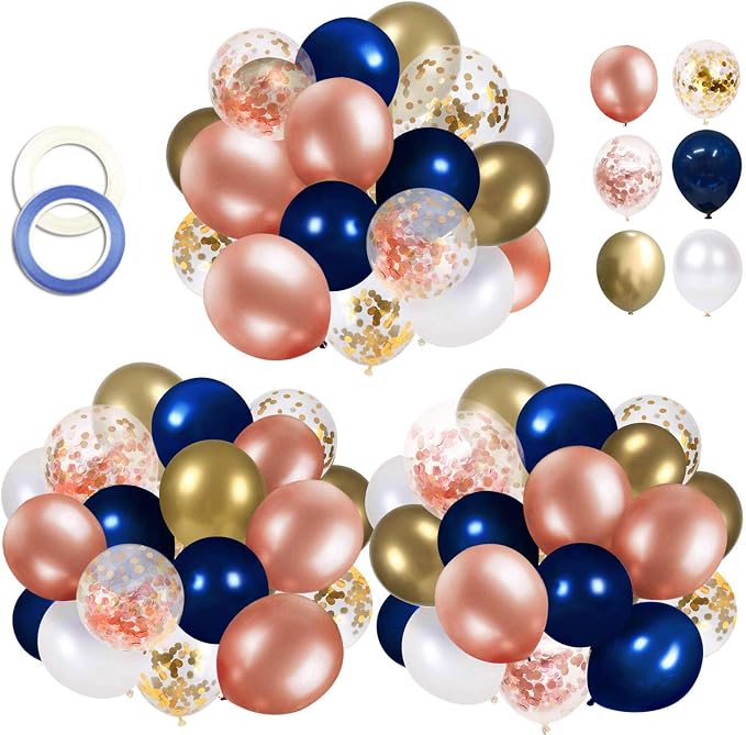 68 Pack Navy Blue Rose Gold Confetti Latex Balloons, 12 inch Birthday Balloons by OuMuaMua