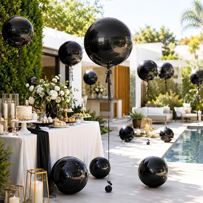 15 Pcs Black Round Foil Balloons, 22/15/10 Inch 4D Ball Balloons Black Ball - Image 7