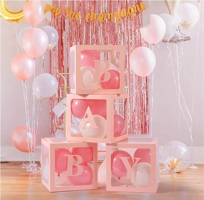 Baby Shower Boxes Party Decorations – 4 pcs Pink Transparent Balloon Boxes – - Image 3