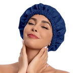 Reusable Shower Cap for Women, Stylish Large Waterproof Shower Bonnet Washable Wide Elastic Band Hair Cap for Long Hair, Braids Bath Hat(Navy)