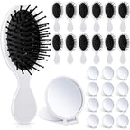 Meanplan 24 Pcs Mini Hair Brush Set 12 Travel Wet Dry Hair Combs Pocket Detangling 12 Compact Folding Makeup Mirrors for Spa Sleepover Birthday Bridal Shower Bachelorette Christmas Party Gift(White)
