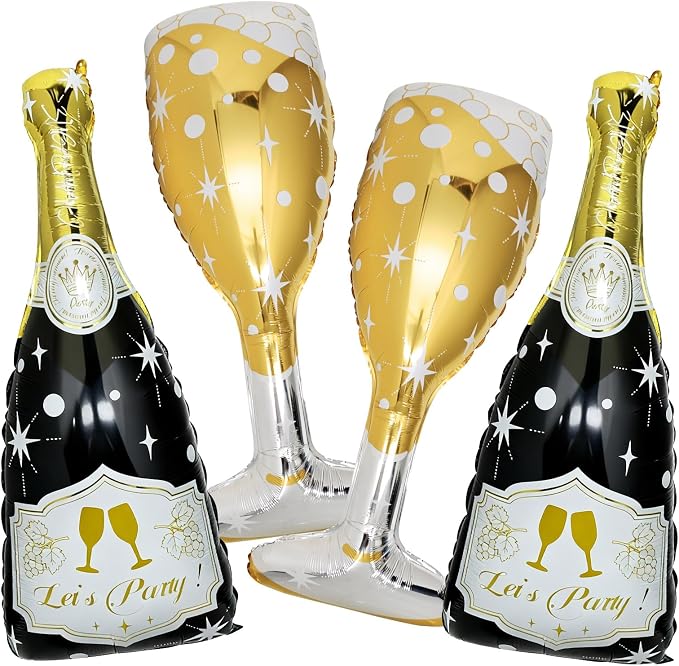 4 Pcs Champagne Balloons, Huge Black Gold Champagne Bottle Goblet Aluminum Foil by BSRESIN