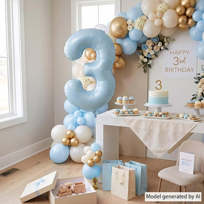 Baby Blue Number 3 Balloon 40 Inch, Sky Pastel Foil Numeral Party Supplies | - Image 3