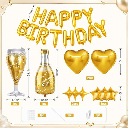 Gold Happy Birthday Balloons Banner, Star Heart Balloons, Champagne Bottle - Image 2