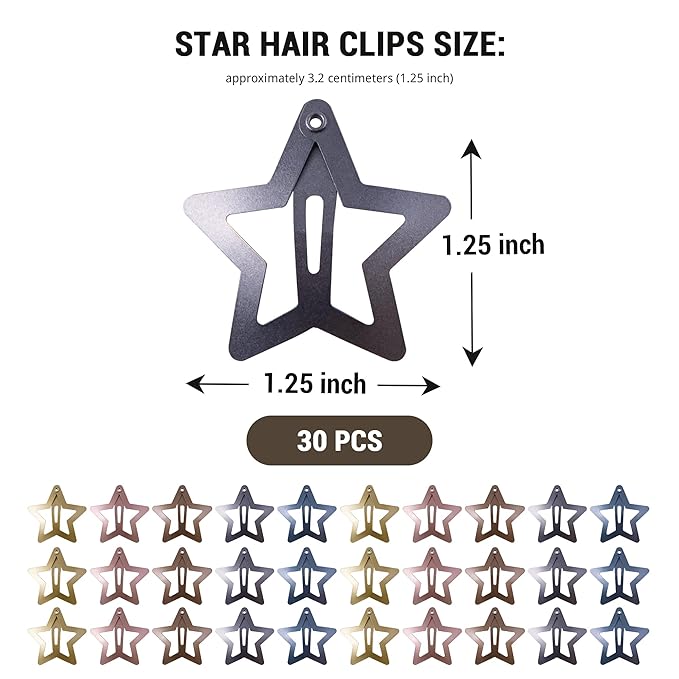 30 Pcs Metal Star Hair Clips 2000s Y2K Snap Barrettes 1.25 In Non Slip Star Hair Accessories for Women,Metallic Blue Red Gold