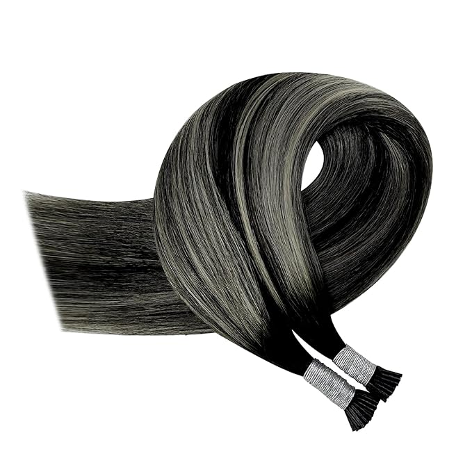 YoungSee I Tip Hair Extensions Human Hair Ombre 24 Inch Itip Hair Extensions Real Human Hair Black Balayage Silver Itip Hair Extension for Women Long Hair 50g 50s