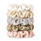 LILYSILK Silk Hair Scrunchies Ties for Frizz & Breakage Prevention 100% Mulberry Elastic Ponytail Holder 5PC (ivory+light coffee+pale pink+coffee+gravel gold)