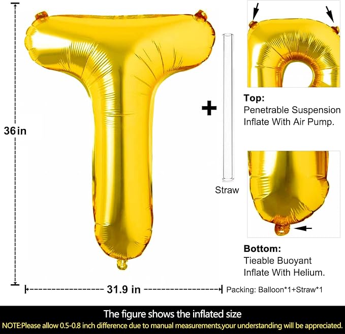Lovoir 40 Inch Large Gold Letter T Balloons Big Size Jumbo Mylar Foil Helium - Image 2