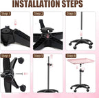 Rolling Salon Tray, Adjustable Salon Tray on Wheels, Premium Aluminum Tattoo Tray Cart for Spa Clinic, Pink