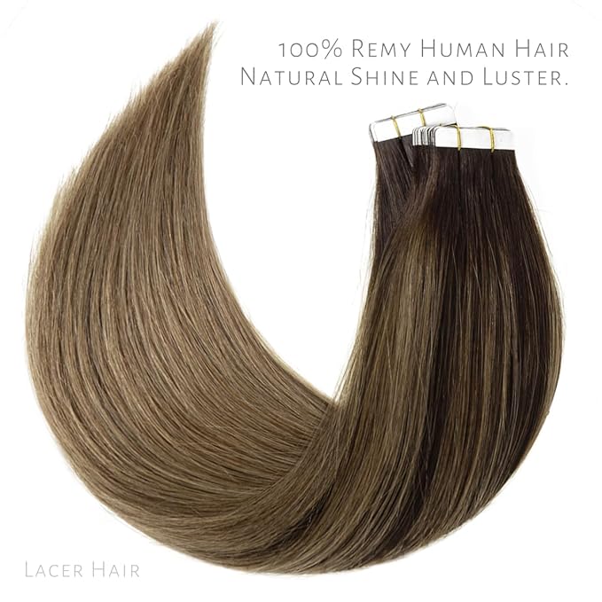 Lacer Brown Glue in Hair Extensions Natural Balayage Seamless Double Side PU Skin Weft Tape in Human Hair Extensions Ombre Darkest Brown to Chestnut Brown 100g 40pcs/set 24 Inch