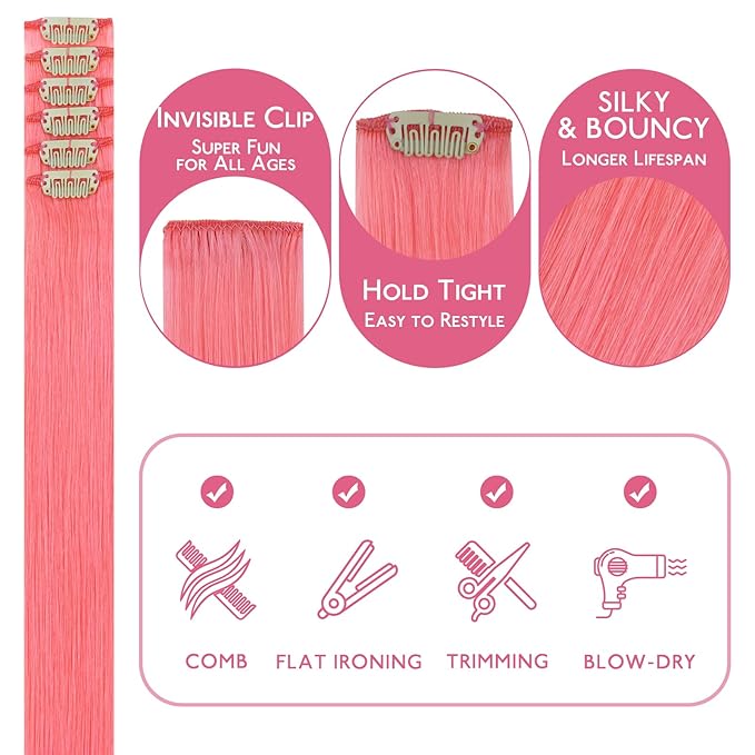 WENNALIFE Light Pink Clip in Hair Extensions Real Human Hair 35g 6pcs 18 Inch Colored Hair Extensions for Kids Women Colorful Hair Pieces Pop-up Style Straight Extensiones De Cabello Humano Con Clip