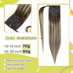 RUNATURE Ponytail Extension Human Hair Balayage Blonde Short Ponytail Human Hair Extensions Clips 12 Inch 70g Ombre Walunt Brown Fading to Ash Brown with Light Blonde Pony Tail Hair Extension Short