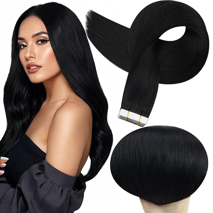 Full Shine Tape ins Human Hair Extensions 22Inch Black Remy Hair Extension Real Human Hair Seamless Skin Weft for Long Extension 20Pcs 50G Tape in Double Sided Tapes for Wedding Add Length