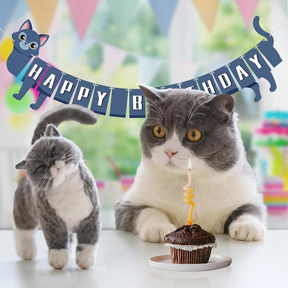 Cat Happy Birthday Banner Blue Cat Banner Bunting Flag Garland Birthday Party - Image 2