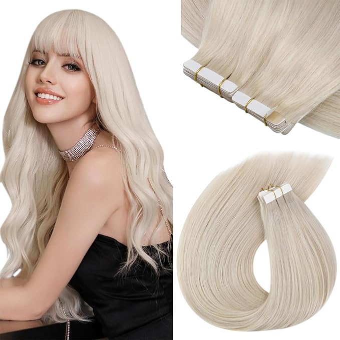 Sunny Hair Tape in Hair Extensions Human Hair 18inch Hair Extensions Real Human Hair Tape in Extensions for Women Platinum Blonde Invisible Natural Straight Skin Weft Double Sided Tape 40pcs 100g
