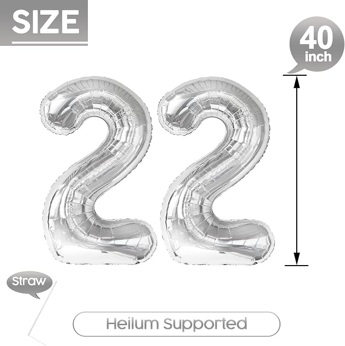 22 Balloon - Silver Birthday Number Balloons, 40 Inch Decorations Men Women | - Image 5