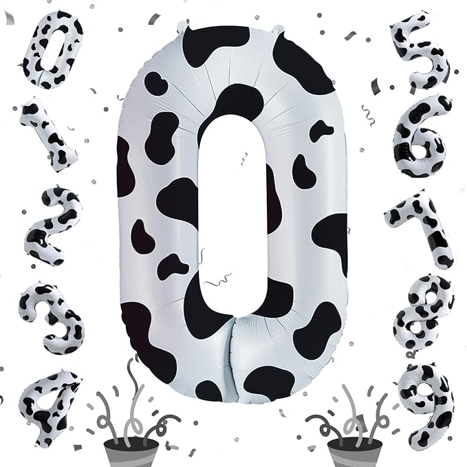 Cow Print Number Balloons for Kids, 40 Inch Foil Helium 0-9 Set Balloons - Image 8