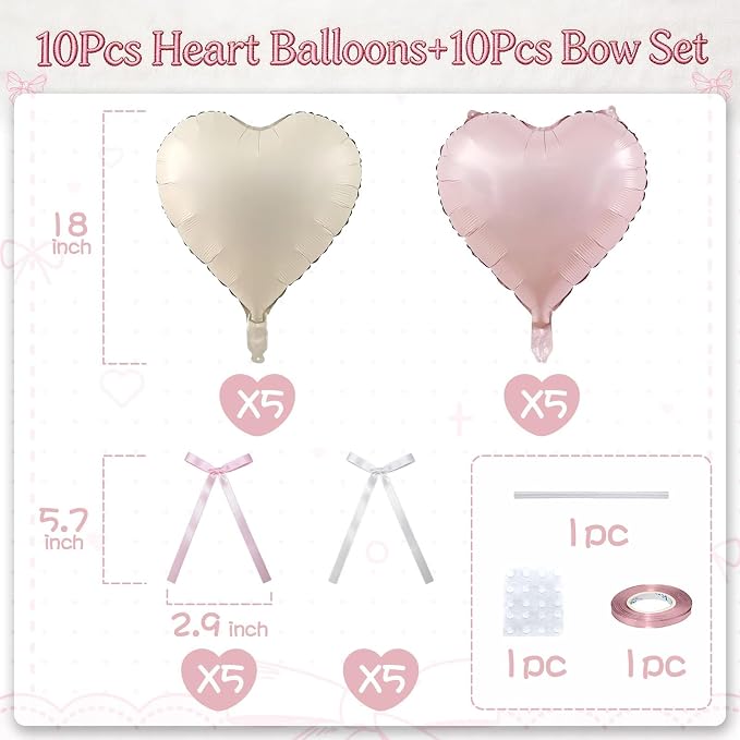 Pink White Heart Balloons with Ribbon Bow, 18In Pastel Nude Light Rosa Helium - Image 2