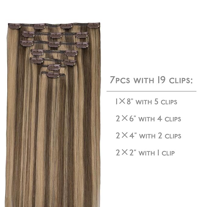 WENNALIFE Clip in Hair Extensions Real Human Hair, 16 Inch 120g 7pcs Remy Hair, Balayage Chocolate Brown to Caramel Blonde Hair Extensions Clip In Real Hair Coloured