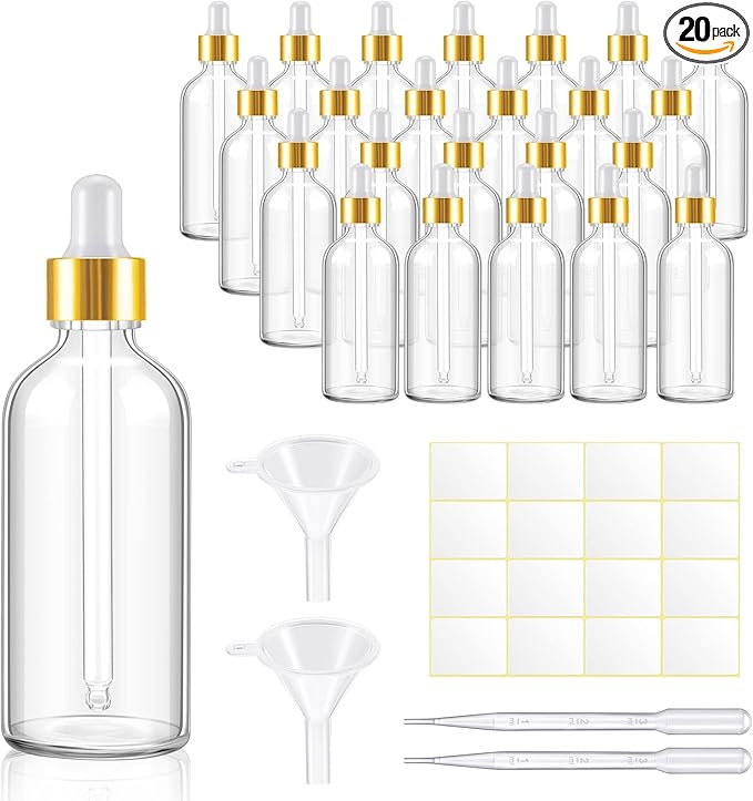 Tessco for you 20 Pack 3.4 oz Glass Dropper Bottles with Glass Eye Droppers for Essential Oils, Empty Oil Bottles with Funnel, Labels and Pipette for Hair Oils Perfume Cosmetic Travel(Amber)