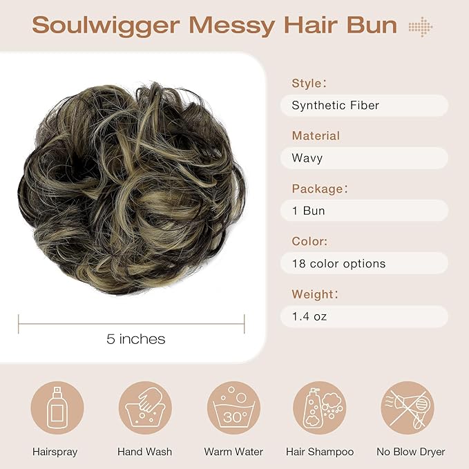 Messy Bun Hair Piece Wavy Curly Scrunchies Fluffy Donut Thick Updo Elegant Chignon Hairpieces for Women Girls, Dark Brown Mix Ash Blonde 1.4oz