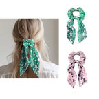 Pack of 2 Star Knotted Bow Hair Scrunchies Elastic Hair Scarf Green Pink Ribbon Scrunchies with Long Tails Stylish Silky Scrunchy Decor