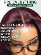 KLAIYI Black Cherry Loose Body Wave Bye Bye Knots Glueless Wig 7x5Precut Lace Front Wigs Human Hair Drawstring Pre Plucked Bleached 30S Ready to Wear and Go Wig with Face Framing Bangs Burgundy 18Inch