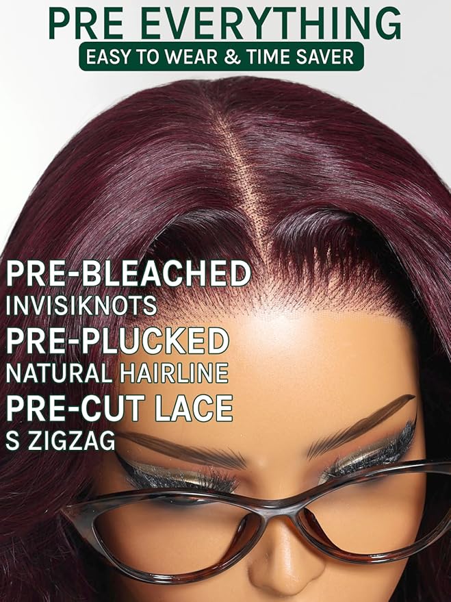KLAIYI Black Cherry Loose Body Wave Bye Bye Knots Glueless Wig 7x5Precut Lace Front Wigs Human Hair Drawstring Pre Plucked Bleached 30S Ready to Wear and Go Wig with Face Framing Bangs Burgundy 24Inch