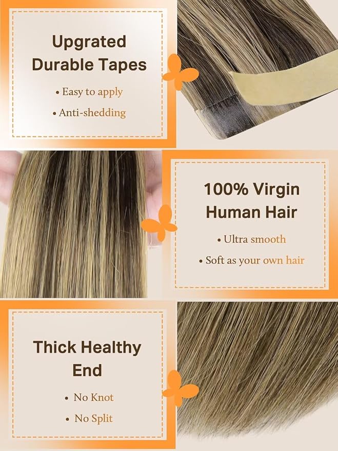 DOORES Tape in Hair Extensions Real Human Hair, 20pcs 50g 24 Inch Chocolate Brown Highlight Caramel Blonde, Remy Straight Tape in Extensions Seamless Skin Weft Natrual Human Remy