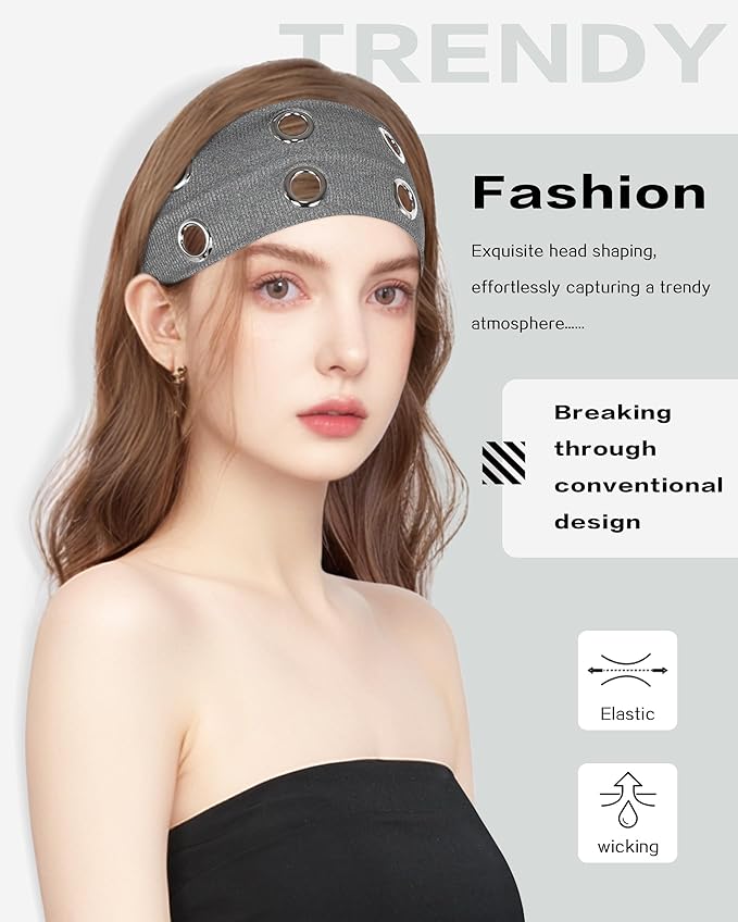 Grommet Headband for Women, Dark Gray 23cm Hollow Out Elastic Hair Band, Eyelets Punk Grunge Stylish Hairband