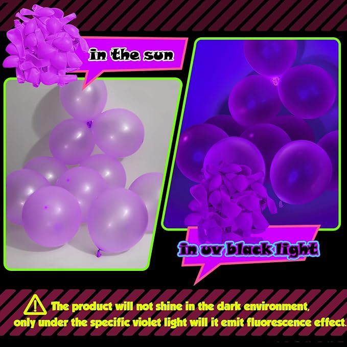 100 Pcs UV Neon Purple Balloons 12 inch Neon Party Supplies, Glow in the Dark - Image 4