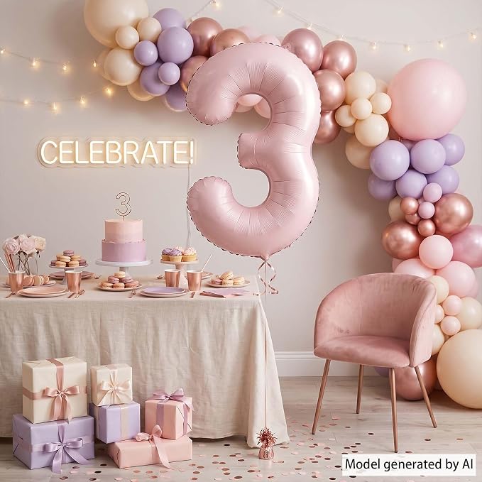 Baby Pink Number 3 Balloon 40 Inch, Muted Pastel Foil Digit Party Supplies | - Image 3