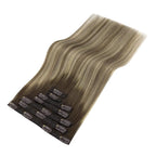 YoungSee 150G Clip in Human Hair Extensions Brown Clip on Hair Extensions for Women Walnut Brown Ombre Light with Blonde Clip in Hair Extension Real Human Hair 22inch 7pcs