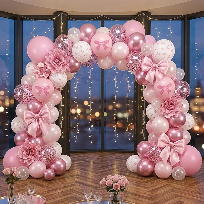 Pink Bow Balloons, Bow Printed Balloon Metallic Confetti Balloon - Image 5