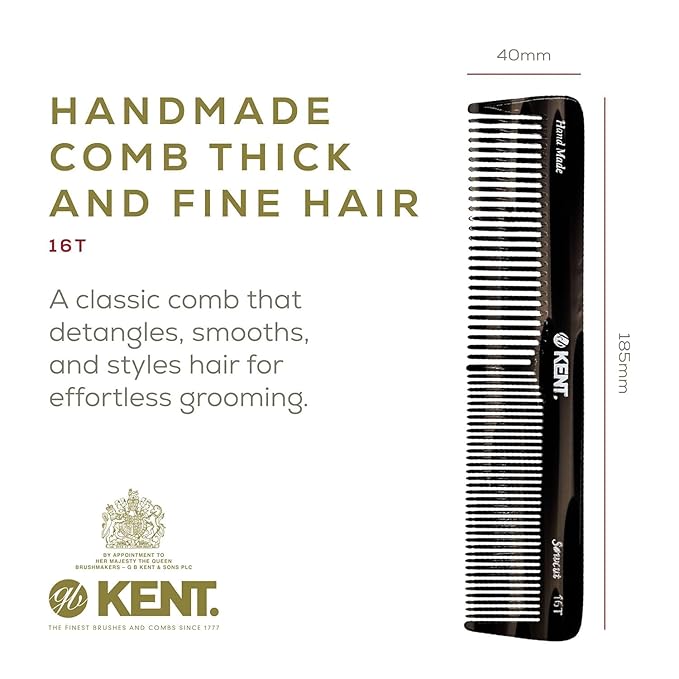 Kent 16T G Black Graphite Fine and Wide Tooth for Daily Grooming, Handmade Styling Comb for All Hair Types, Wet or Dry Hair Detangling Comb for Men and Women, Saw Cut Hand Polished, Made in England
